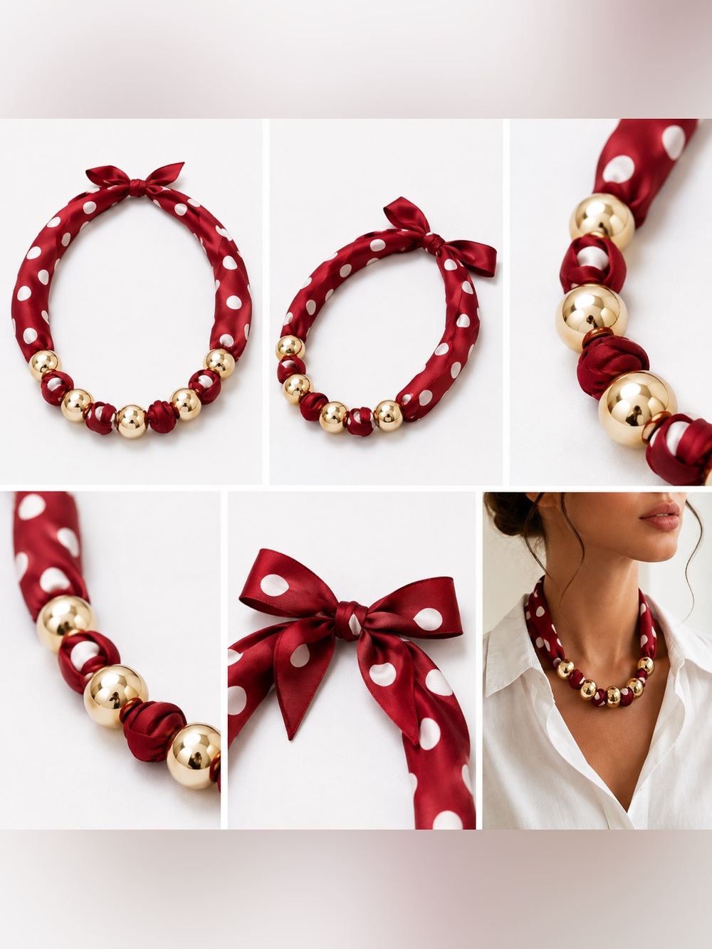 Polka Dot Red Satin Bead Necklace with Gold Accents